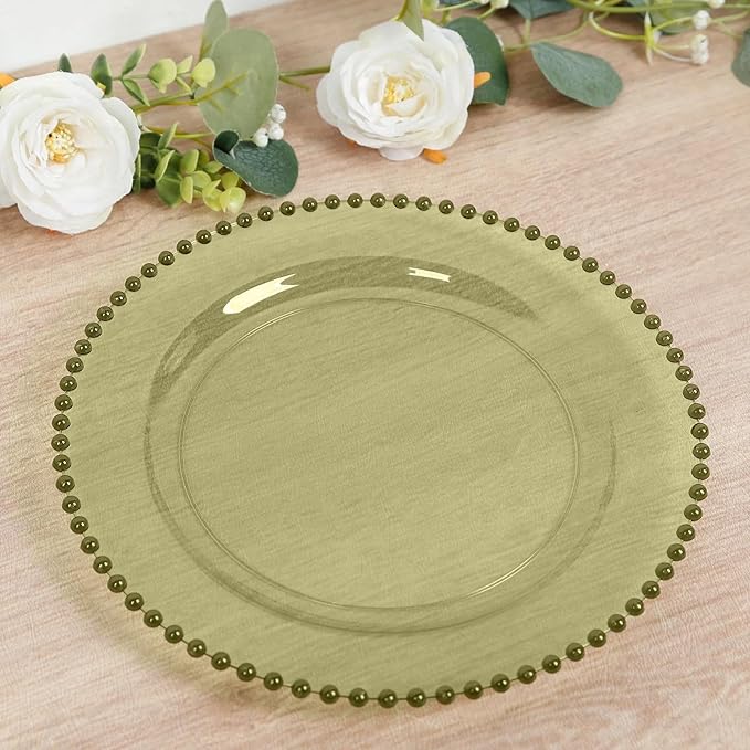 Efavormart 10-Pack Economy Plastic Charger Plates 13" Round Transparent Dusty Sage Green with Beaded Rim - Stylish Dinner Party Serving Plates
