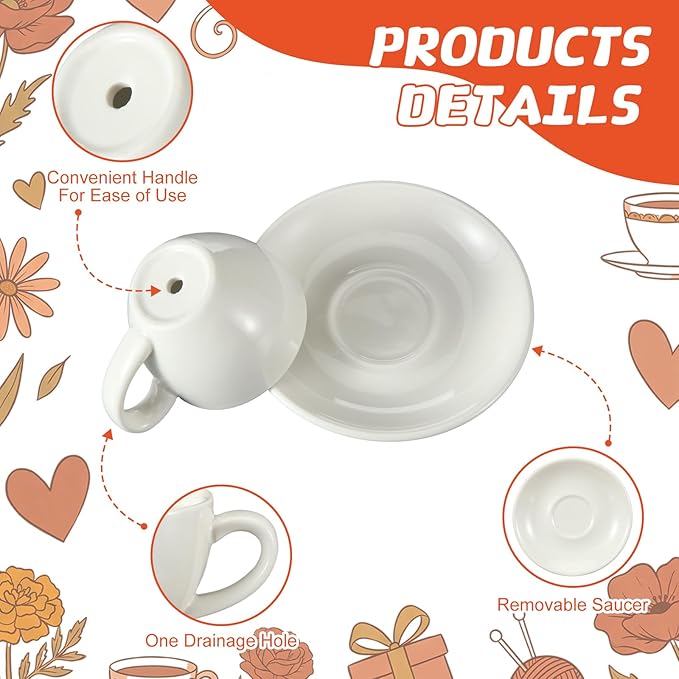 6 Sets Mother's Day Ceramics Teacup Craft Kit with Saucer Color Your Own Cup Flower Planter for Tea Party Crafts Pottery Painting Kit Art Indoor Gardens Family Activity Holiday Decors