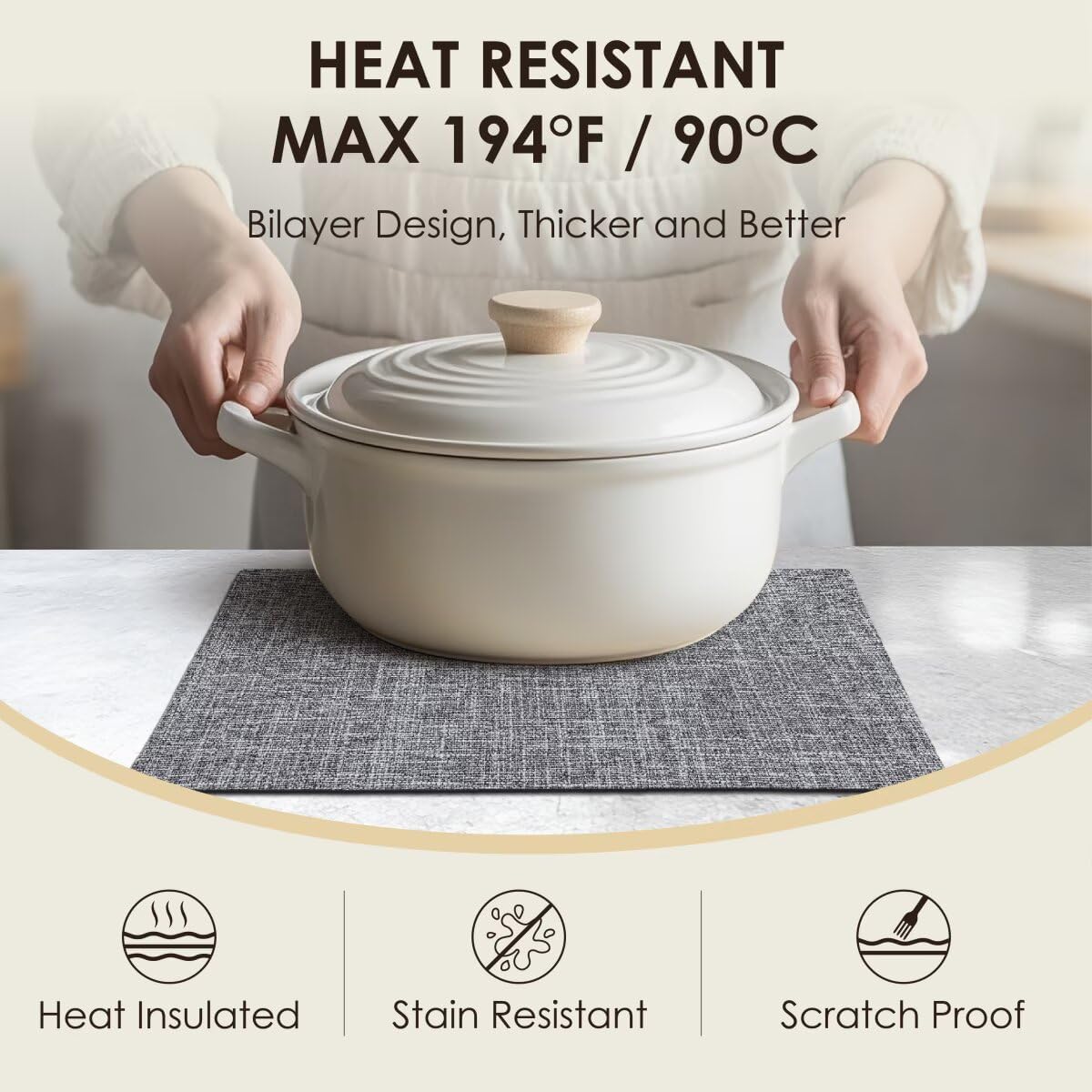 Placemats Set of 6, Bilayer Thickened Linen Place Mats Heat Resistant Machine Washable Wrinkle Free Carefully Selected Polyester Mats for Kitchen/Dining/Coffee Table (Light Grey)