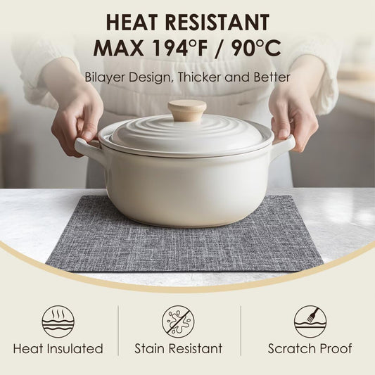 Placemats Set of 6, Bilayer Thickened Linen Place Mats Heat Resistant Machine Washable Wrinkle Free Carefully Selected Polyester Mats for Kitchen/Dining/Coffee Table (Light Grey)