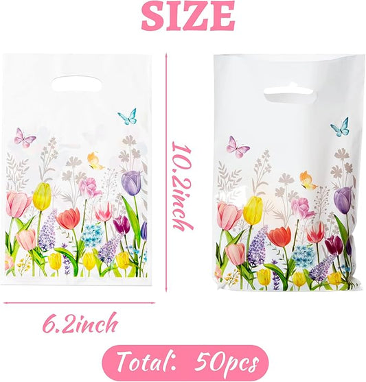 3sscha 50Pcs Spring Floral Tulip Party Favor Bags - Springtime Flower Plastic Waterproof Goodie Bag Bloom Butterfly Rectangular Gift Pack for Kids Birthday Baby Shower Decoration Party Supplies