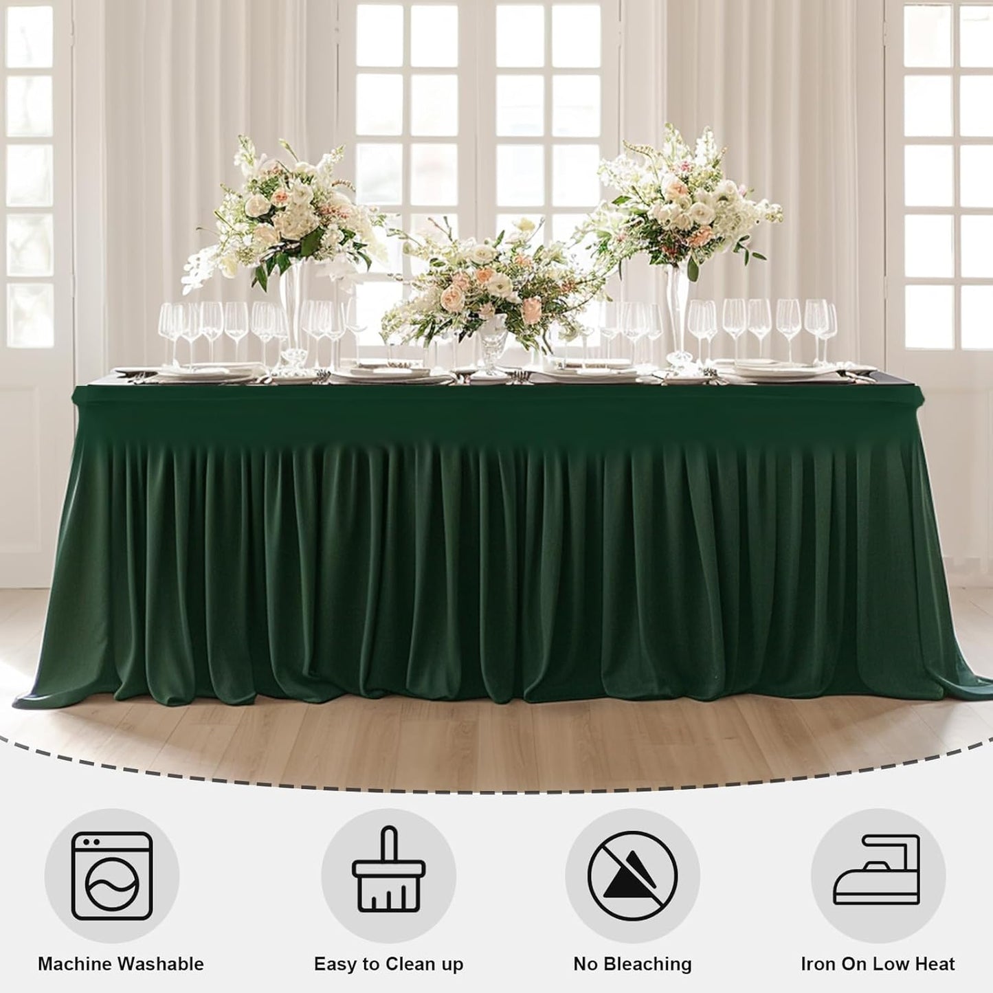 Dark Green Spandex Tablecloth with Skirt – Wrinkle-Free, Fitted Elastic Cover for 6ft Rectangular Tables – Stretch Table Cover for Weddings, Banquets, Parties, Buffets & Restaurants