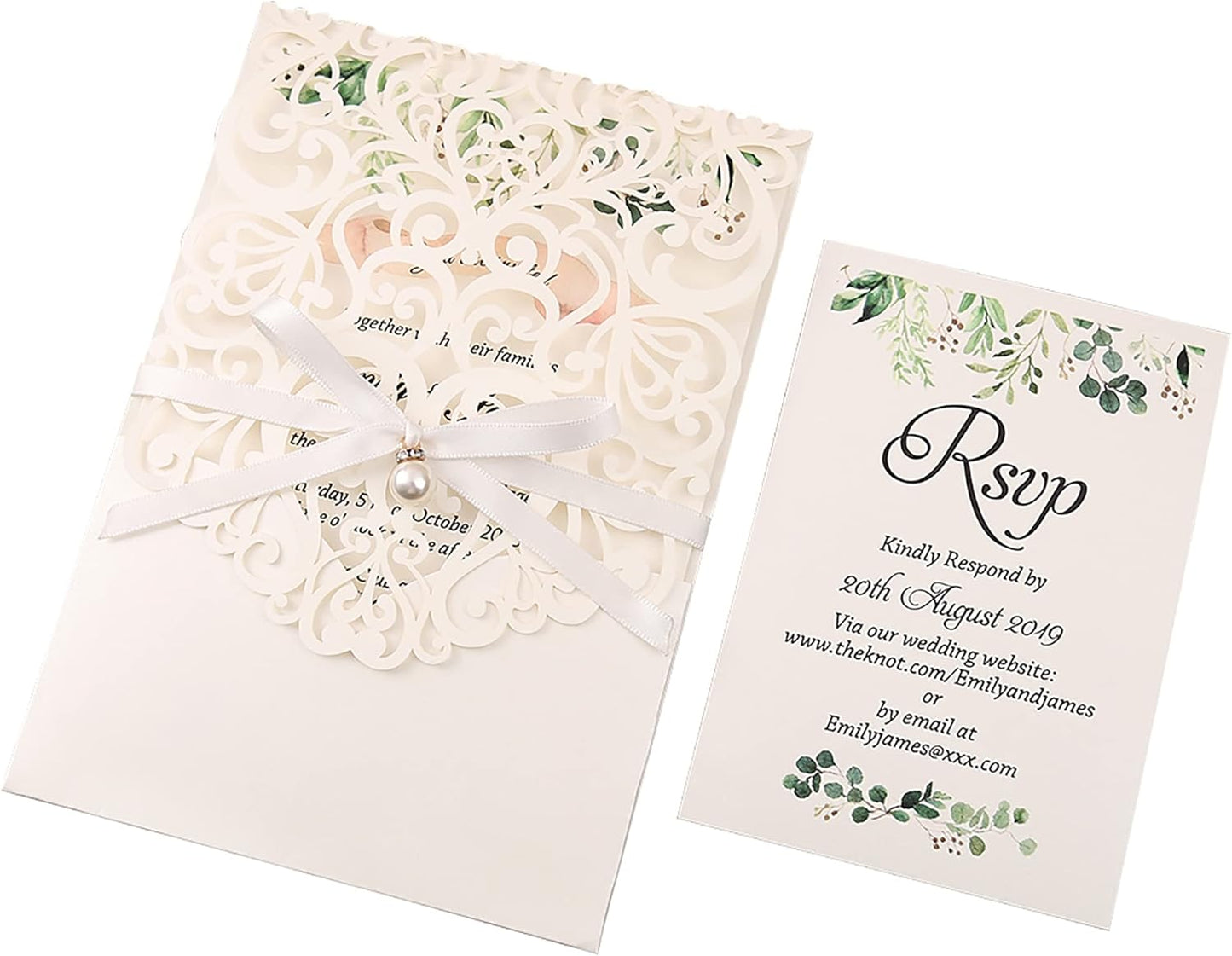 5X7.2 Inch 50PCS Personalized Laser Cut White Wedding Invitations With Rsvp Cards And Envelopes And Ribbon Belly Band Pearl Embellishments Wedding Invitation Cards For Wedding Invite