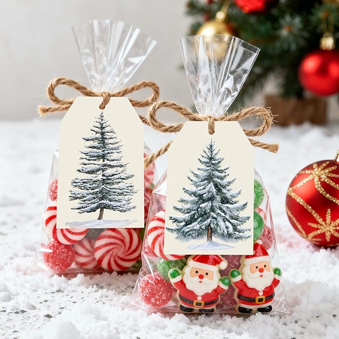 Anwyll Christmas Gift Tags with String - 50Pcs Vintage Merry Christmas Tags for Gifts Xmas Gift Tag Personalized Christmas Tree Label Happy Holiday Tag for Present Wrap Goodie Bag Holiday Party Favors