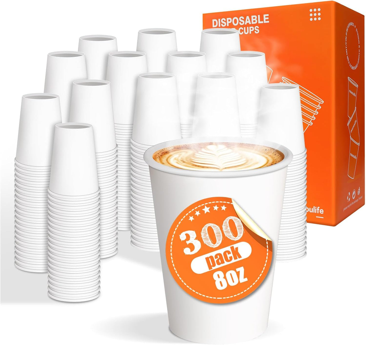 300 Count 8 oz Paper Cups, Disposable Coffee Cups, White Hot Beverage Cups for Water, Juice, Tea - Office Party Home Travel - Study and Durable