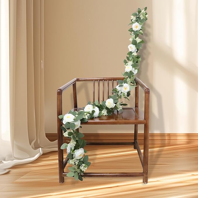 MAKHOT 2Pack White 6.6 Ft Eucalyptus Garland with Lovely Faux Rose Flowers, Artificial Eucalyptus and Rose Garlands Decor, Floral Greenery Garland for Wedding Home Table Decor (White)