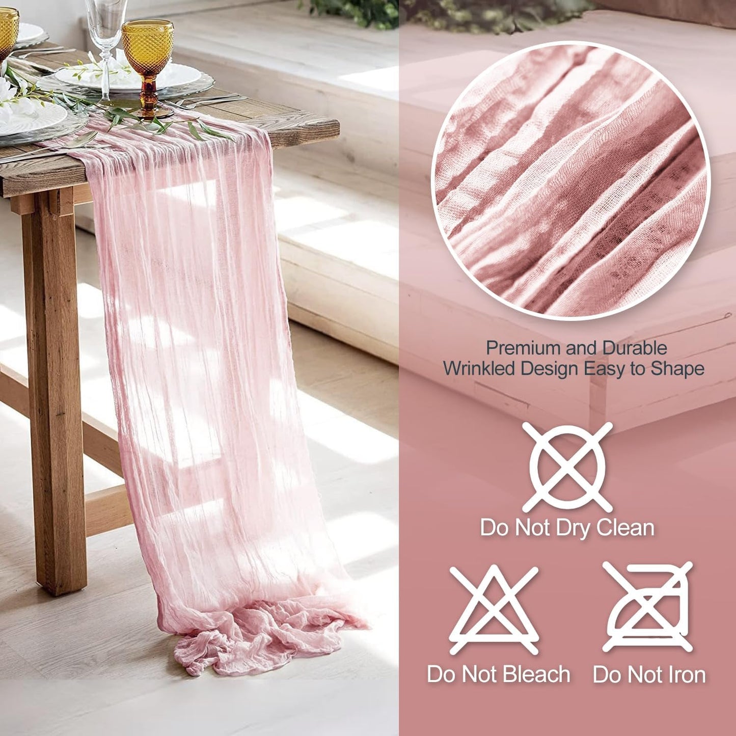 GARIG 12 Light Pink Table Runner for Summer, 10FT Boho Sheer Spring Gauze Cheesecloth Table Runner 35x120Inch for Mother's Day Wedding Party Baby Bridal Shower Birthday Home Decor