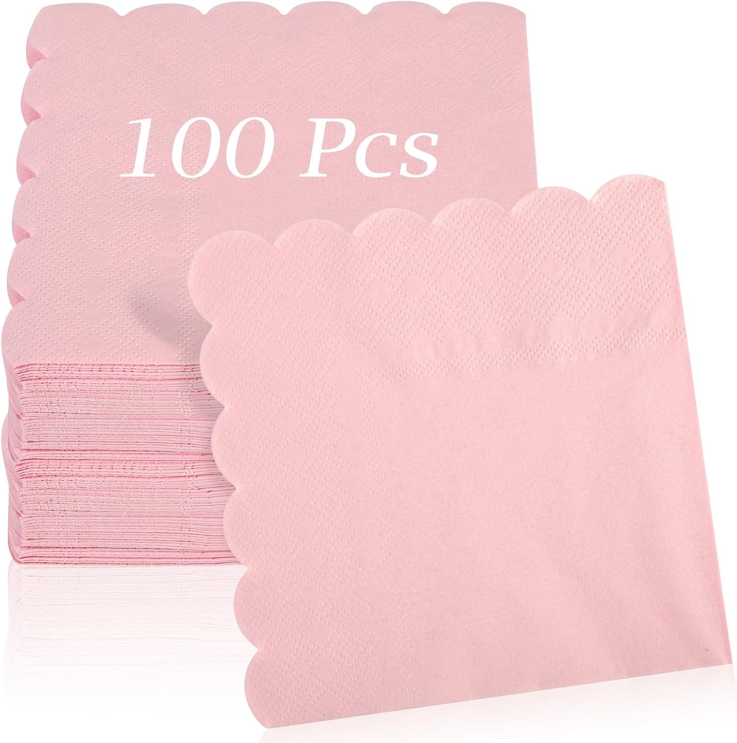 100 Pcs Cocktail Napkins, 2-Ply 5 x 5 Inches Disposable Scalloped Napkins, Thick Premium Dessert Napkins for Party, Wedding, Dinner, Birthday, Anniversary, Festival (Pink)
