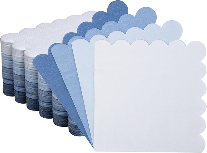100 Pcs Blue Scalloped Napkins Gradient Color Cocktail Napkin Folded 5 x 5 Beverage Napkins Disposable Paper Napkins for Birthday Party Supplies