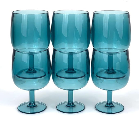 Yalin Set of 6 Unbreakable 12 oz Acrylic Plastic Wine and Water Tumbler Stackable Goblets. (Cyan, 12 oz)