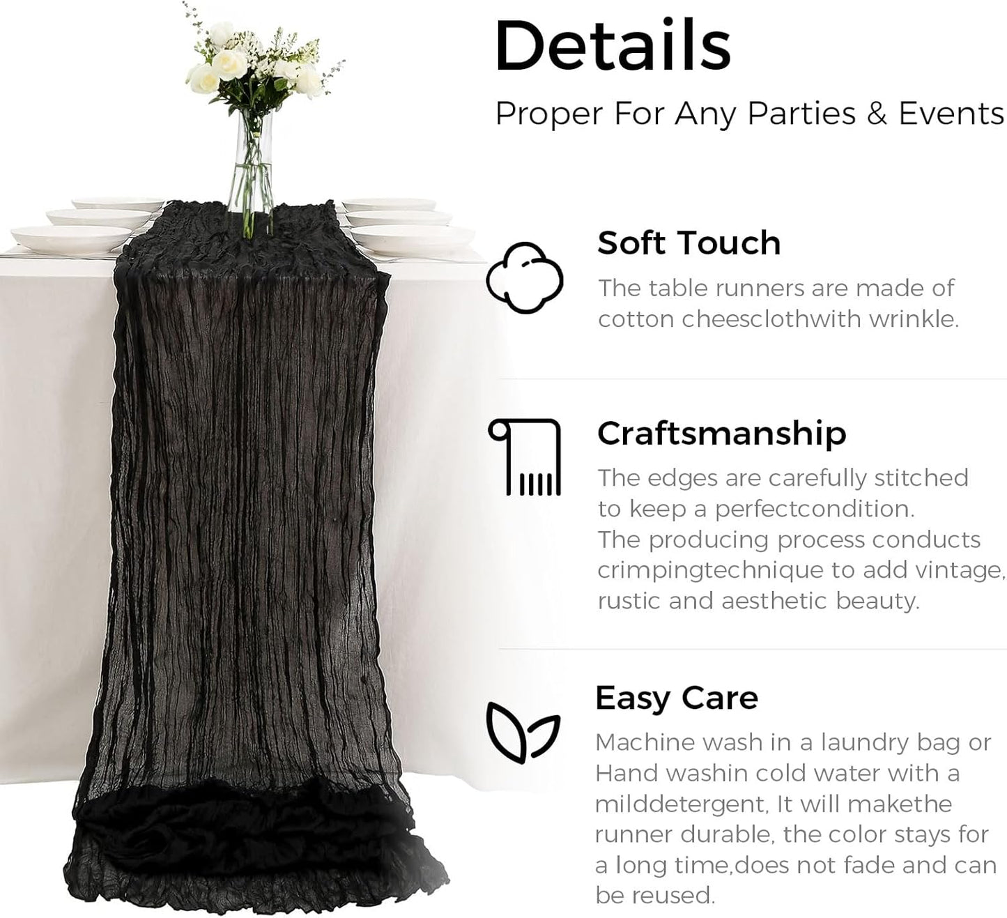 12 Pack Boho Gauze Cheesecloth Long Rustic Sheer Table Runner for Wedding Bridal Baby Shower Birthday Party Cake Table Arbor Decorations (Black)