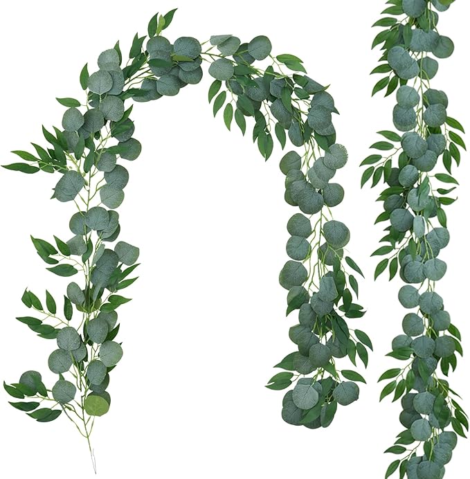 Greentime 2 Pack Greenery Garland Each 6.5 FT Artificial Eucalyptus Garland for DIY Wreath Vine Wedding Arch Stairs Decor