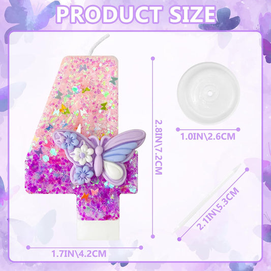 HXOUSE Butterfly Number 4 Birthday Candles - Pink & Purple Butterfly Birthday Candles for Cake, 4 Candle Topper for Anniversary Celebrations Supplies, Fairy Party Decorations for Girl (Number 4)