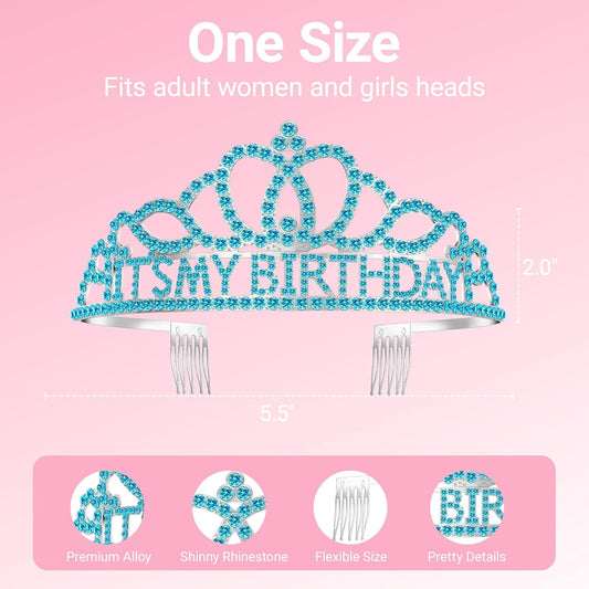 Birthday Tiara and Crown with Sash, Birthday Tiara for Women Party Blue