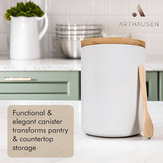 ARTHAUSEN Ceramic Storage Jar Canister - Airtight Bamboo Lid w/Silicone Seal - Modern Design for Kitchen Counter or Bathroom (White 1080mL)