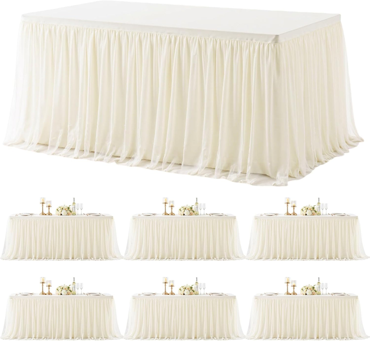 6 Pack 8ft Ivory Tulle Tablecloths for Rectangle Tables 8 Foot Ivory Rectangular Table Cloth Wrinkle Free Table Cover with Tutu Skirt for Wedding Baby Shower Birthday Party Banquet Buffet Cake