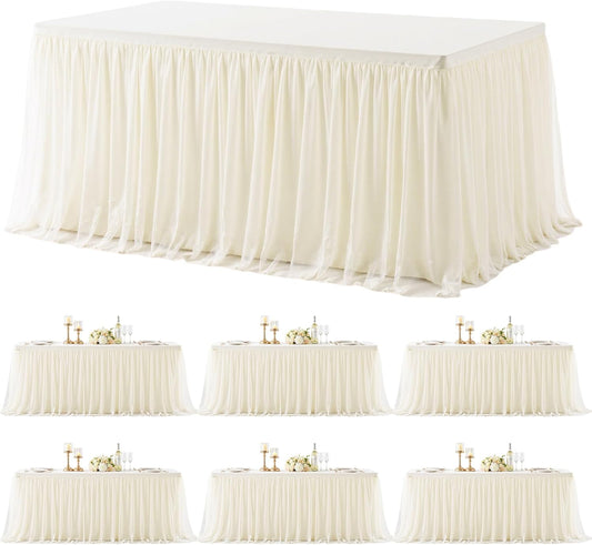 6 Pack 8ft Ivory Tulle Tablecloths for Rectangle Tables 8 Foot Ivory Rectangular Table Cloth Wrinkle Free Table Cover with Tutu Skirt for Wedding Baby Shower Birthday Party Banquet Buffet Cake