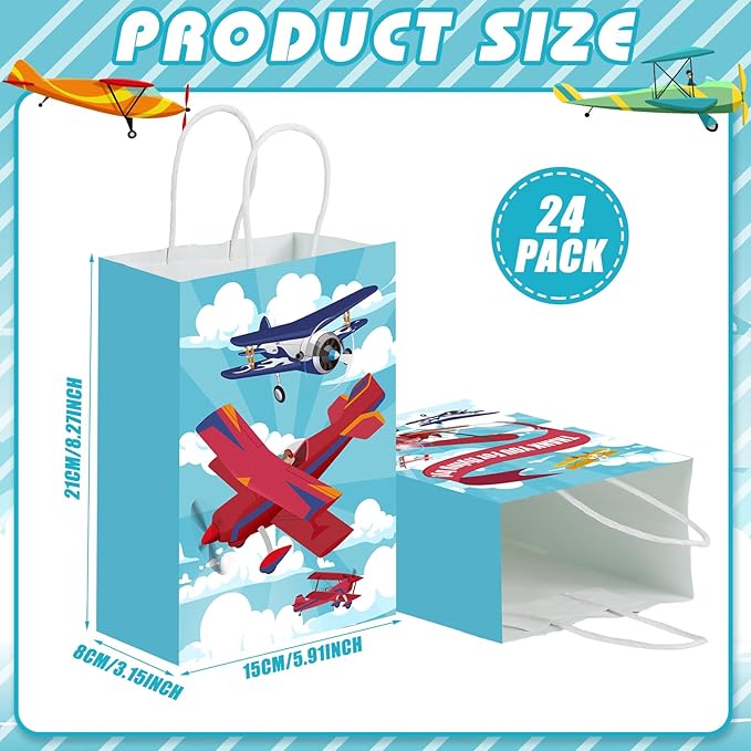 Outus 24 Pcs Airplane Party Favor Bags Paper Airplane Goodie Bags Plain Gift Pouch‌ Blue Aircraft Candy Treat Pouch‌ with Handles for Birthday Party Decorations Supplies