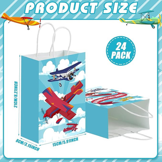 Outus 24 Pcs Airplane Party Favor Bags Paper Airplane Goodie Bags Plain Gift Pouch‌ Blue Aircraft Candy Treat Pouch‌ with Handles for Birthday Party Decorations Supplies