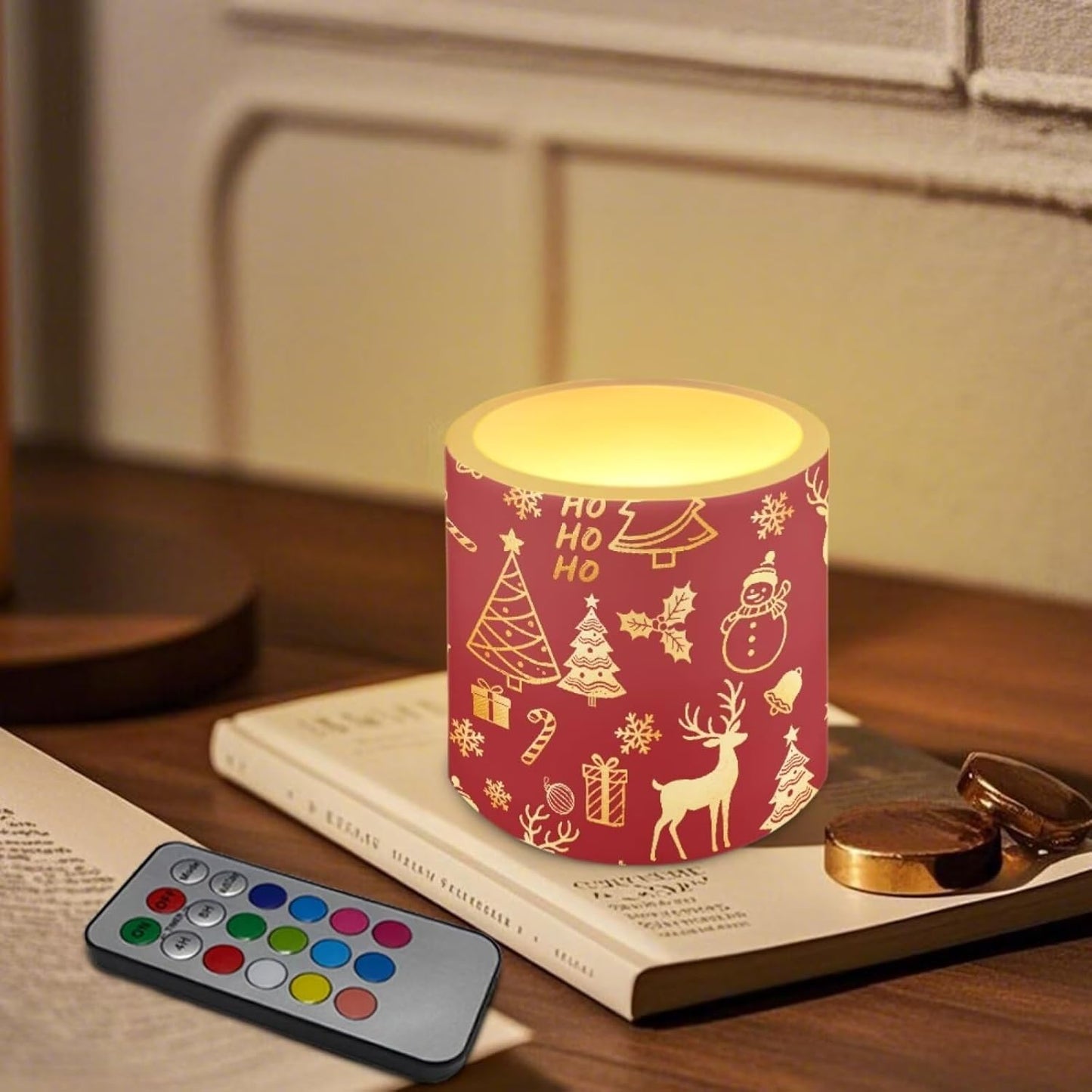 Poceacles 4 PCS Christmas Flameless LED Candles with Remote Timer Fake Flickering Flame LED Candle Night Lights for Bedroom Home Living Room Decor, Snowman Reindeer Ho Print Gold Red