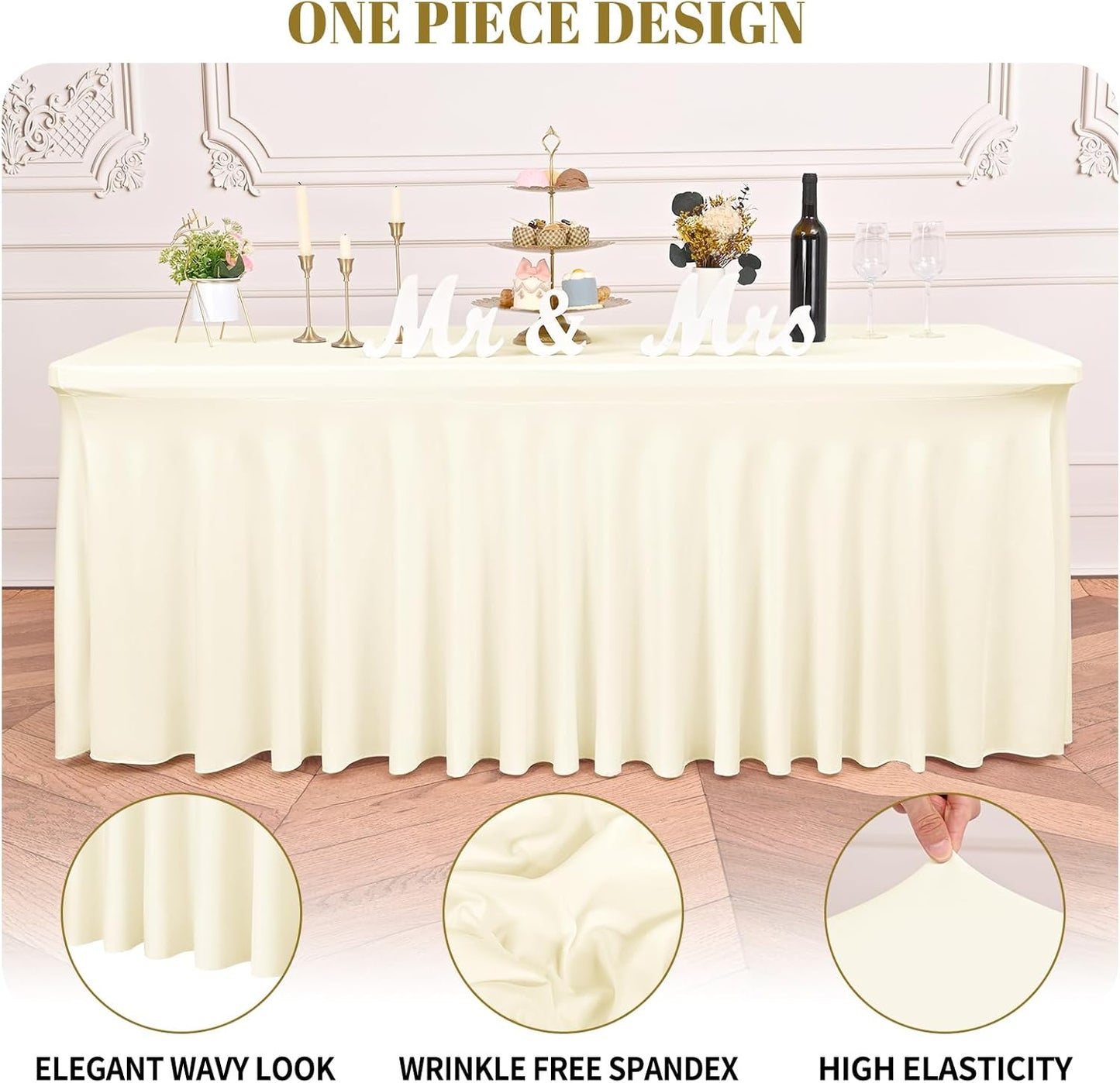 2 Packs Ivory Stretch Table Skirts for 6 Foot Rectangle Table, Washable Spandex Stretch Tablecloths with Skirt, Wrinkle Resistant Fitted Tablecover for Wedding Party Banquet