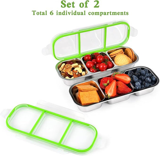 UPTRUST Reusable Snack Containers with Lids, 2pcs Stainless Steel 3-Compartment Snack Box, Divided and Leak-Proof Design for Take-Out Condiments and On-the-Go Snacks