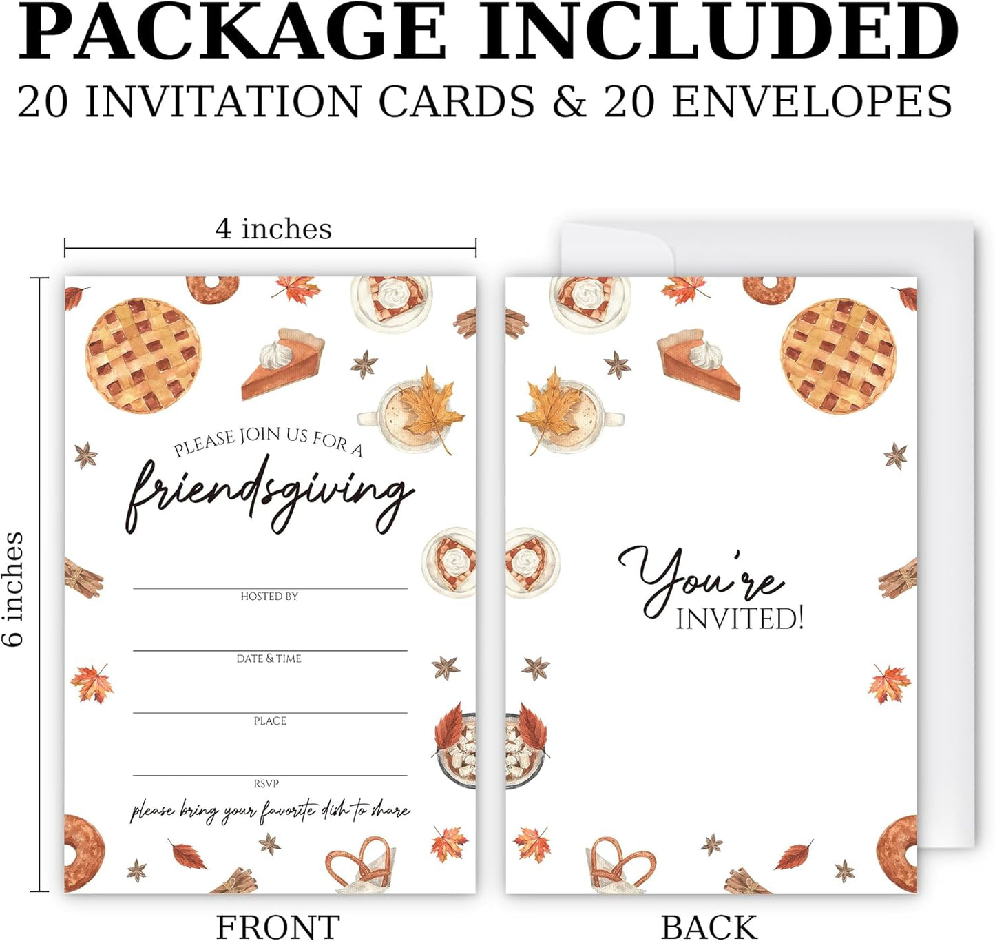 Friendsgiving Invitations - Pie & Fall Treats Themed Card with Envelopes And RSVP Cards - You're Invited 20Pcs Fill In Friendsgiving Party Cards(4 x 6 Inch) (038)