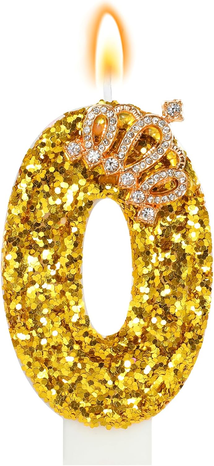 Gold Birthday Candle Crown Number 0 Candle with Sequins Cake Candles Cupcake Decorations Party Decor for Anniversary Celebrations Supplies