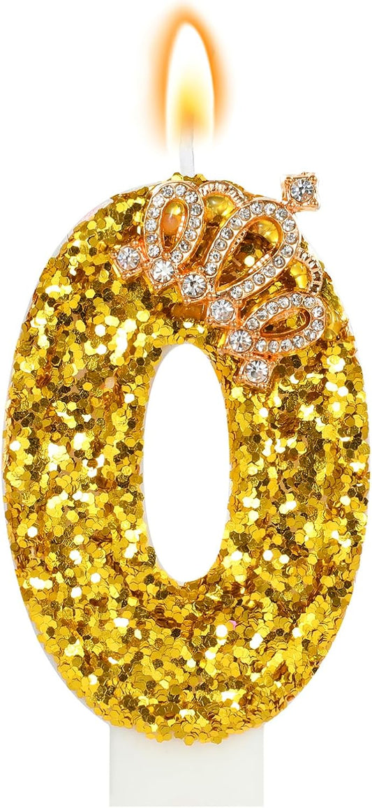 Gold Birthday Candle Crown Number 0 Candle with Sequins Cake Candles Cupcake Decorations Party Decor for Anniversary Celebrations Supplies