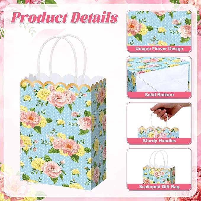 Vintage Floral Gift Bags Bulk Tea Party Favors Flower Tea Party Goodie Bags Treat Candy Bag Spring Wildflower Birthday Favors Decoration for Princess Birthday Wedding Garden Bridal Shower 24Pcs