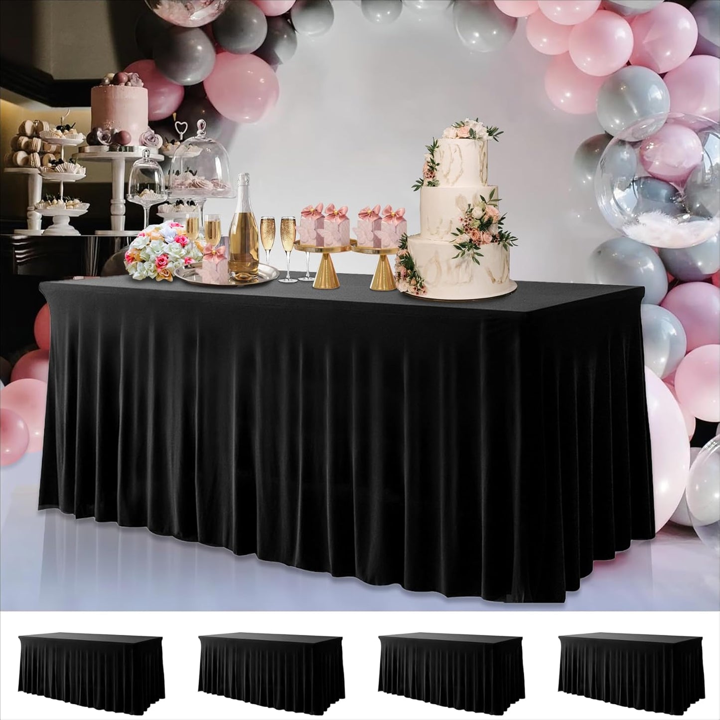 Your Magic Moment Black Tablecloth 4 PC Set 6 FT Rectangle Table Cover Set for 6 Foot Tables Black Spandex Table Skirts Party Anniversary Catering