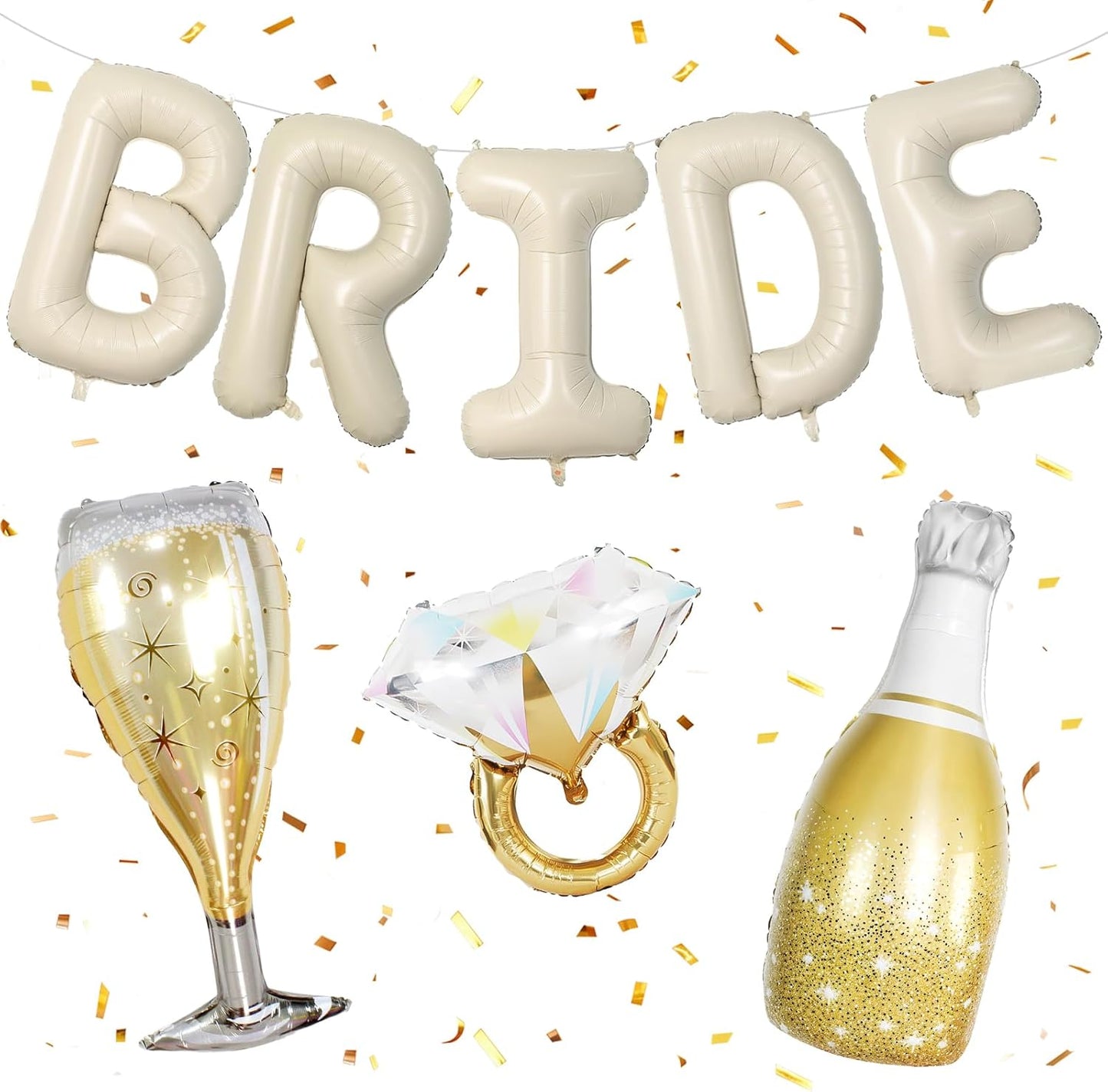 40inch Bride Balloons Beige Letters Banner, Sand White Bachelorette Party Decorations Set with Diamond Ring Champagne Bottle Balloon Glass Foil Balloon for Nude White Bachelorette Engagement Wedding