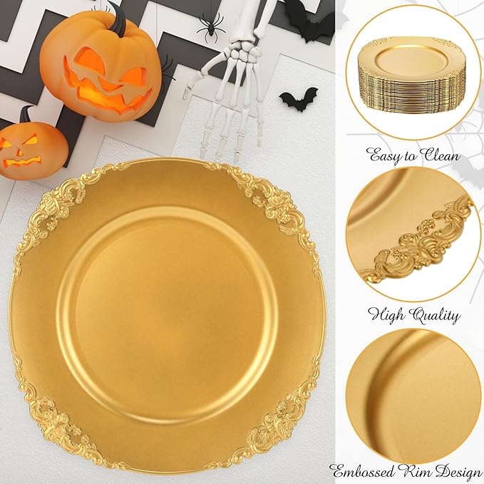 Jinei 36 Pack Gold Charger Plates 13 Inch Plastic Embossed Round Charger Plates Wedding Table Decoration Reusable Dinner Plate Tray for Birthday Party Holiday Event