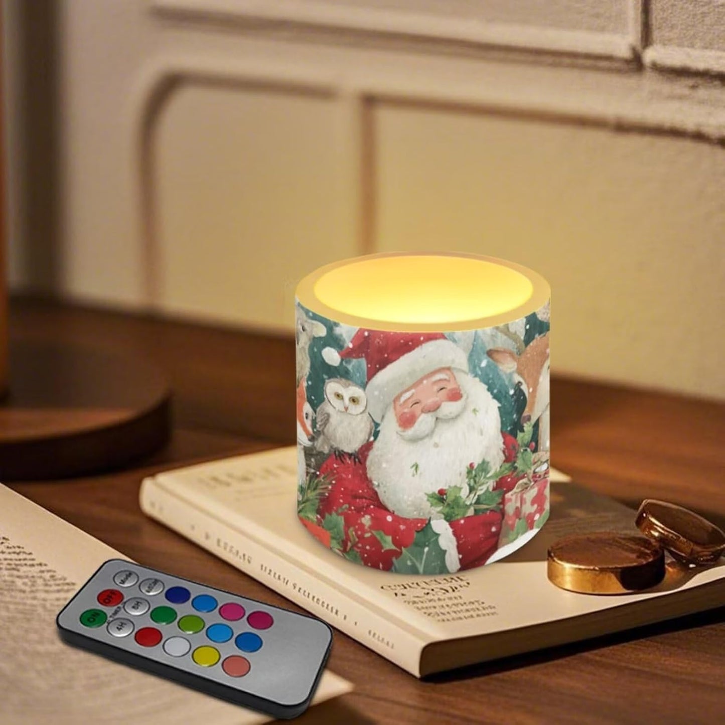 Poceacles 4 Pack Christmas Flameless LED Candles Remote Control Flickering LED Pillar Candles Battery Operated, Timer Multi-Color Options Tea Lights, Santa Claus Owl Reindeer Fox Animal Pattern