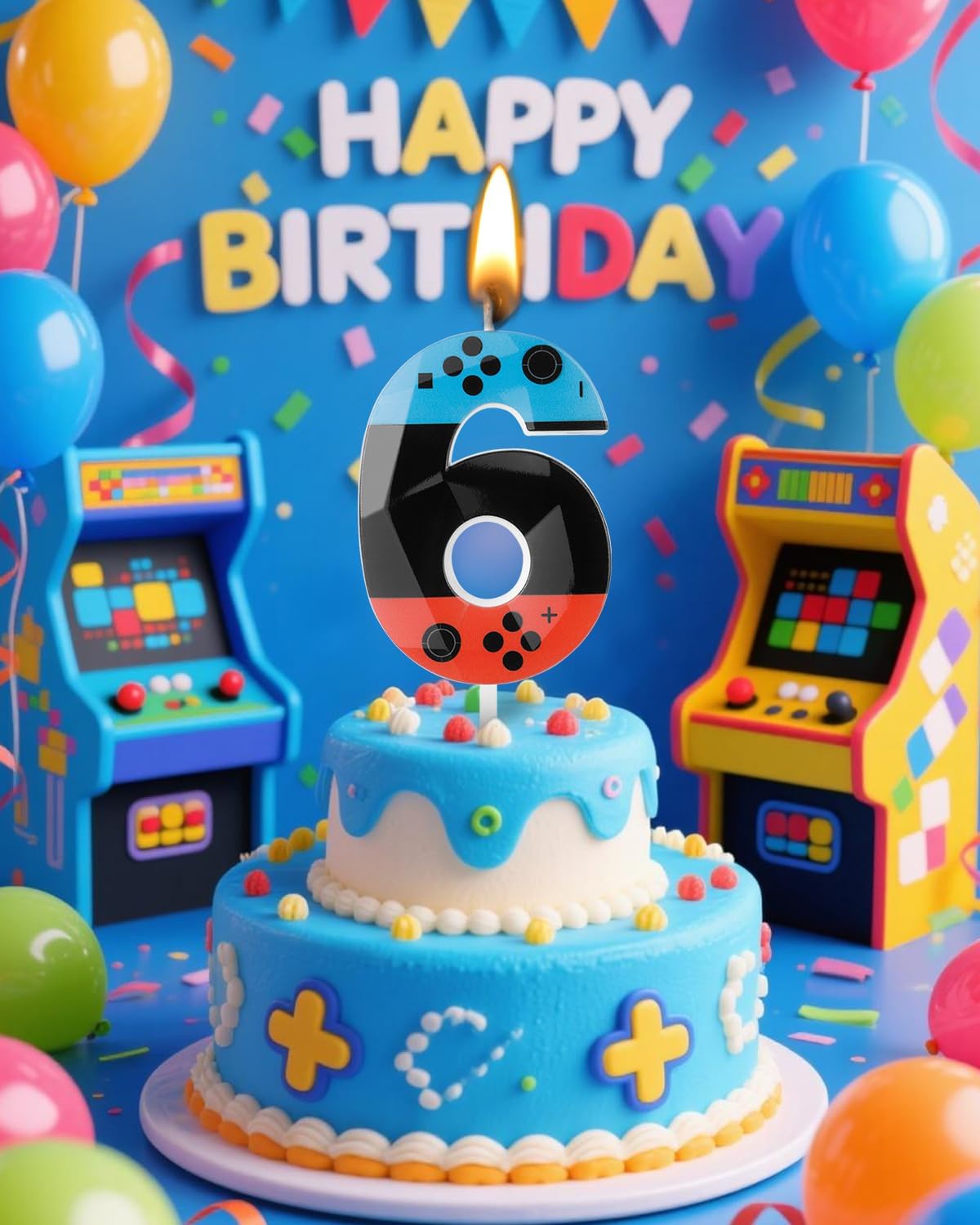 Number 6 Level Birthday Candles, 2.68 inch Gamer Candles, Red Blue Birthday Candles, Game Controller Gamepad Candles,Video Game Controller Themed Kids Boy Bday Party Supplies
