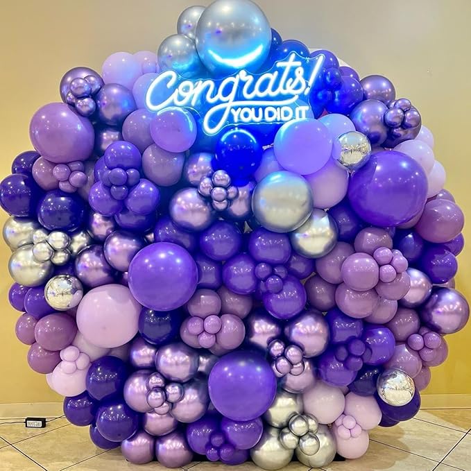 Purple Balloon Garland Arch Kit, 134PCS Purple and Silver Balloons with Different Size for Birthday, Wedding, Baby Shower Decorations