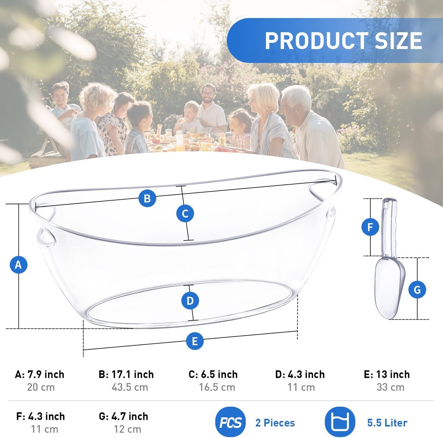 Ice Bucket for Parties, 2PCS Clear Acrylic Beverage Tubs with Scoop & Metal Wine Bottle Opener, 5.5L Large Champagne Wine Beer Cooler Chiller Bin for Cocktail Bar & Mimosa Bar Supplies