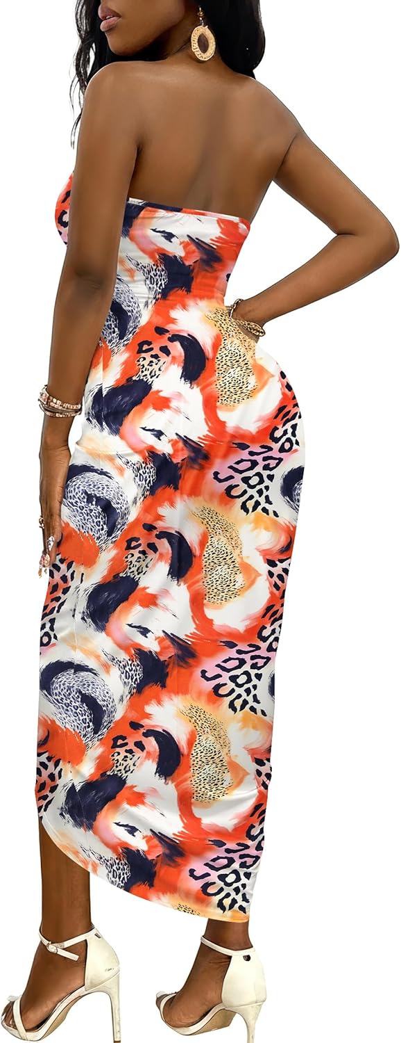 Umenlele Women's Strapless Ruched High Waist Wrap Split Asymmetrical Beach Maxi Long Dress