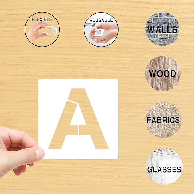 Mossdecal Letter Stencils Kit 1.5 Inch, Reusable Plastic Letters and Numbers Interlocking Stencil Set 62 Pcs, Plastic Stencils for Wood Signs, Wall, Fabric, Chalkboard, Signage, DIY School Projects