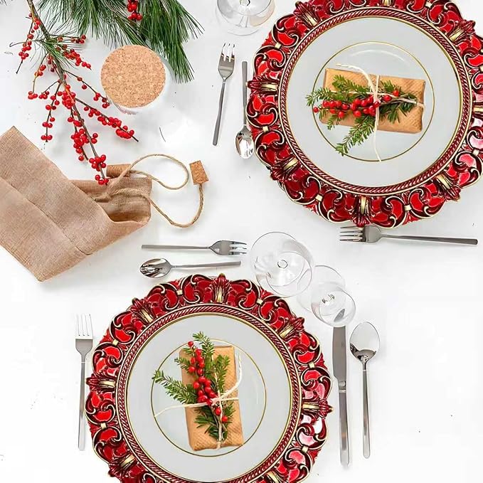 6 Pack Red Charger Plates 13" Round Charger Plates for Dinning Plates with Embossed Rim Plastic Charger for Dinner, Wedding, Elegant Tableware Decor