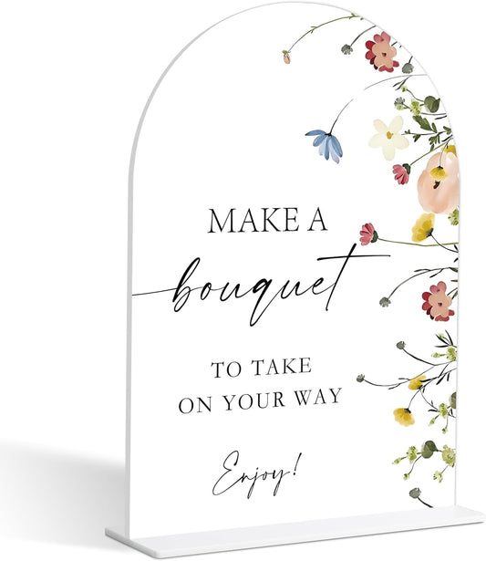 Make A Bouquet Sign, Flower Style Bridal Shower Sign for Wedding, Engagement, Bridal Shower and Reception, Bridal Shower Decorations, Wedding Shower Favors, 6X8 Inch Acrylic Arch Sign with Stand,26