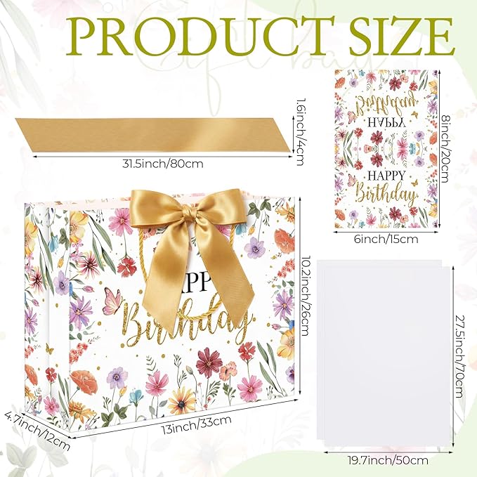Maitys 12 Sets 13" Large Wildflower Birthday Gift Bags with Handle, Tissue Papers, Ribbons and Greeting Cards Spring Floral Butterfly Paper Bags Bulk for Women Baby Shower Party Decorations Supplies