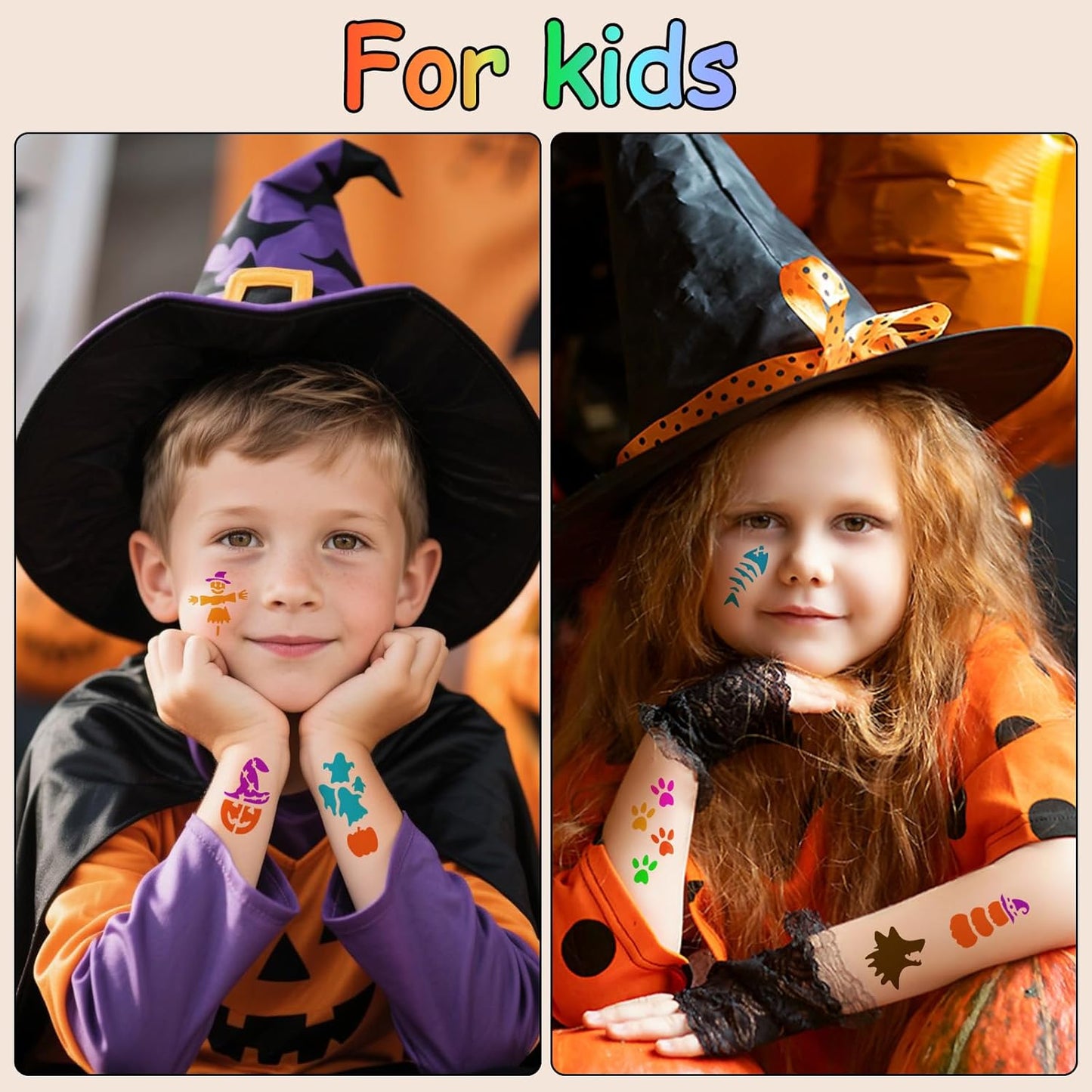 135 PCS Temporary Tattoo Stencils for Kids and Adults Halloween Party Supplies, 12 Sheets Halloween Ghost Witch Bat Glitter Tattoo Stencil for Boys Girls, Face and Body Paint Stencils Kit, Reusable