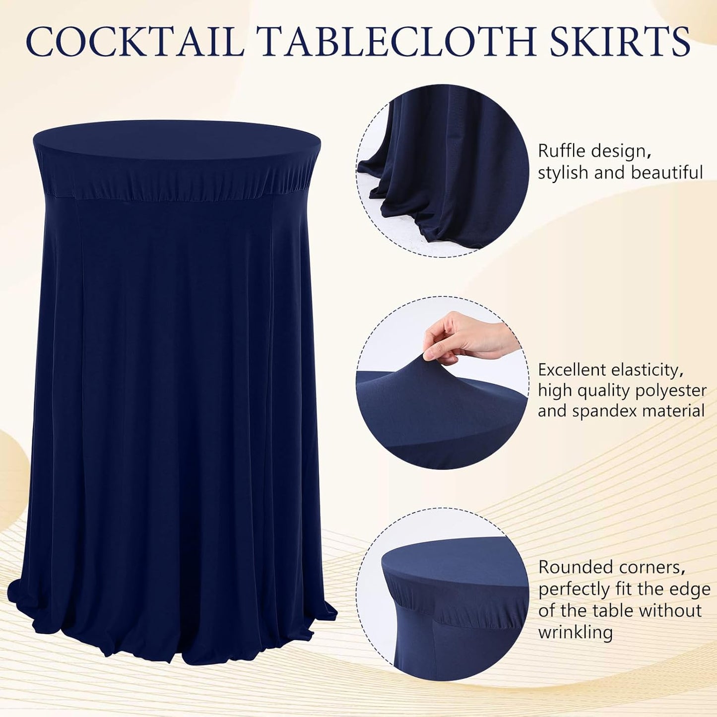 Tegeme 1 Pack 32 x 43 Inch Round Spandex Cocktail Tablecloths with Skirt Cocktail Round Table Cover Spandex Stretch Tablecloth for Fitted High Top Table Bar Wedding Party Banquet (Navy)