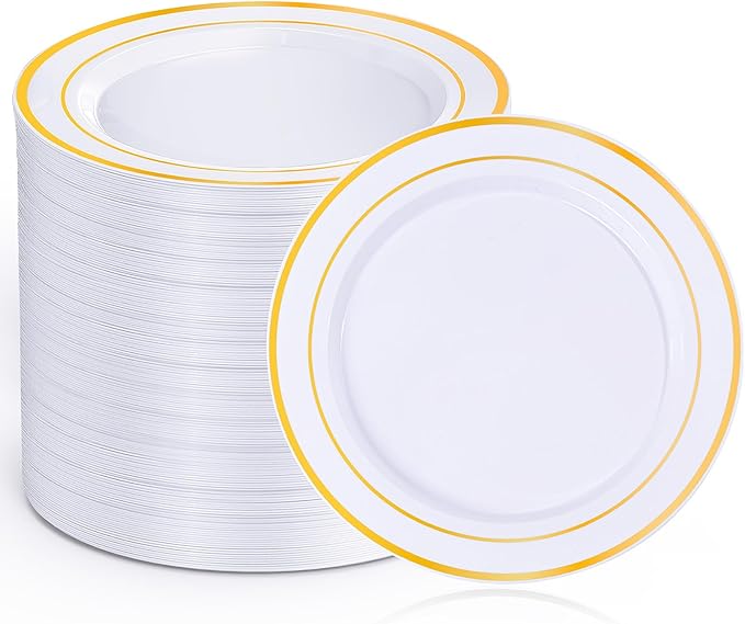 100Pcs Gold Plastic Dessert Plates, Plates Disposable Salad Plate with Gold Rim, Premium Hard Fancy Small Plate, Heavy Duty Plastic Cake Platos for Party, Wedding and Birthday