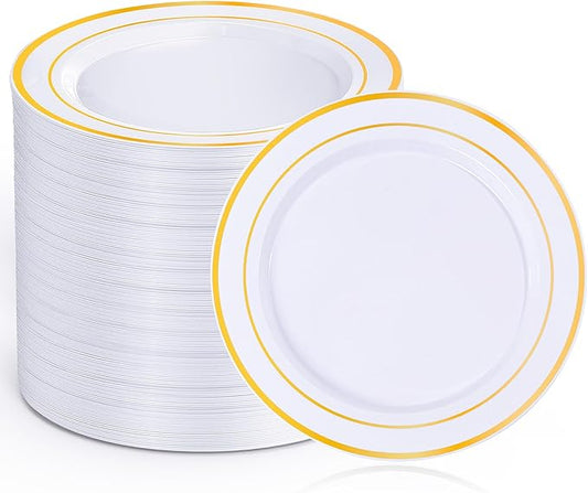 100Pcs Gold Plastic Dessert Plates, Plates Disposable Salad Plate with Gold Rim, Premium Hard Fancy Small Plate, Heavy Duty Plastic Cake Platos for Party, Wedding and Birthday