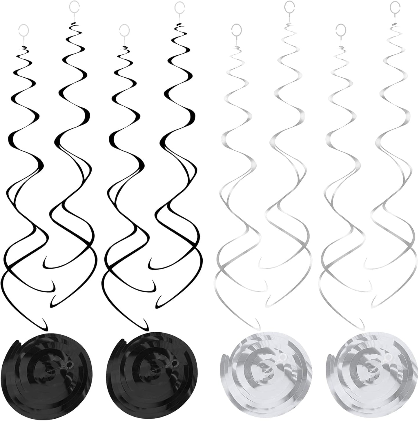 30pc Hanging Swirl Decorations Black and Silver Party Streamers for Ceiling 24" Swirl Spiral Decorations