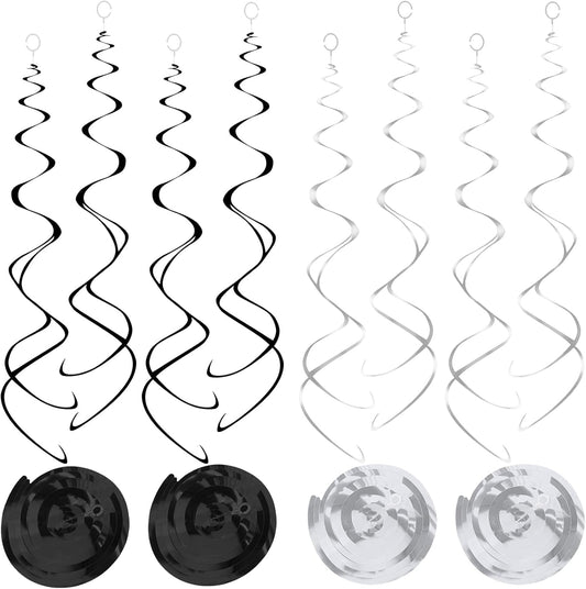 30pc Hanging Swirl Decorations Black and Silver Party Streamers for Ceiling 24" Swirl Spiral Decorations