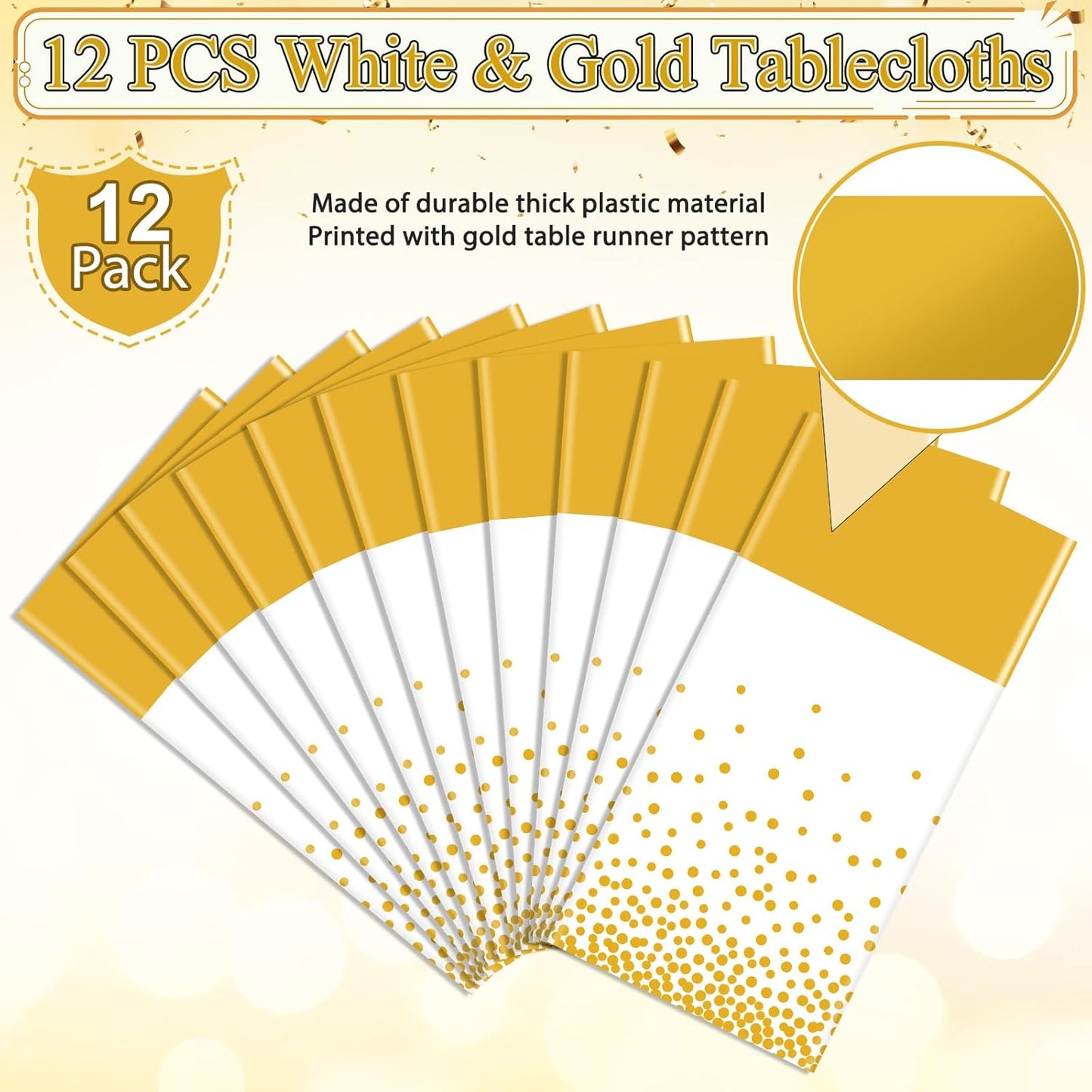 12Pcs White and Gold Tablecloth Party Decorations,Plastic White Table Cloth Printed Gold Table Runner Disposable Rectangle Tables Cover for Birthday Wedding Anniversary Graduation Party,54 x108 Inch