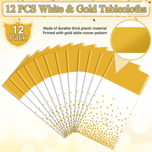 12Pcs White and Gold Tablecloth Party Decorations,Plastic White Table Cloth Printed Gold Table Runner Disposable Rectangle Tables Cover for Birthday Wedding Anniversary Graduation Party,54 x108 Inch